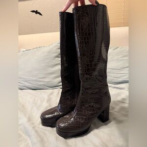 Chocolate Brown Faux Croc Tall Boots - Nasty Gal size 6